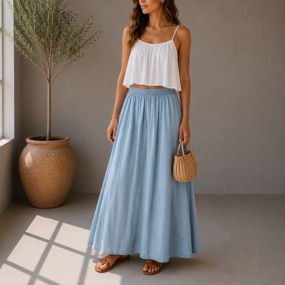 Moon River Dresses & Skirts - Chambray Maxi Boho Skirt Women Small Light Blue Elastic Waist Hippie Cottagecore